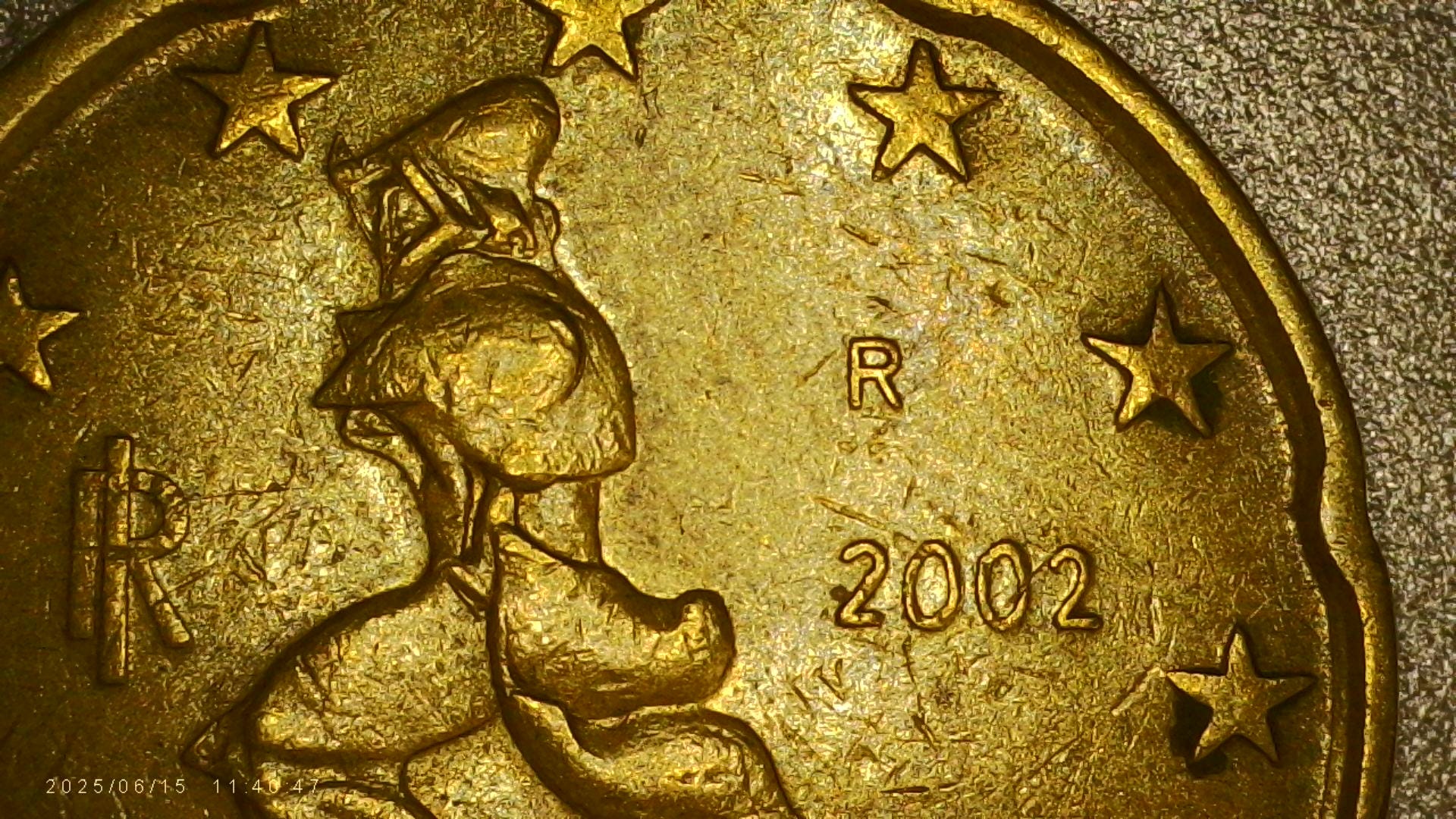 20セント イタリア 2002年 エラーコイン 強力なダブルリム、シフト