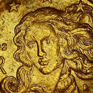 May include: Close-up of a gold coin featuring a woman's profile with flowing hair. The coin has the year 2002 and the letter "R" inscribed. Several stars are also visible around the edges of the coin.