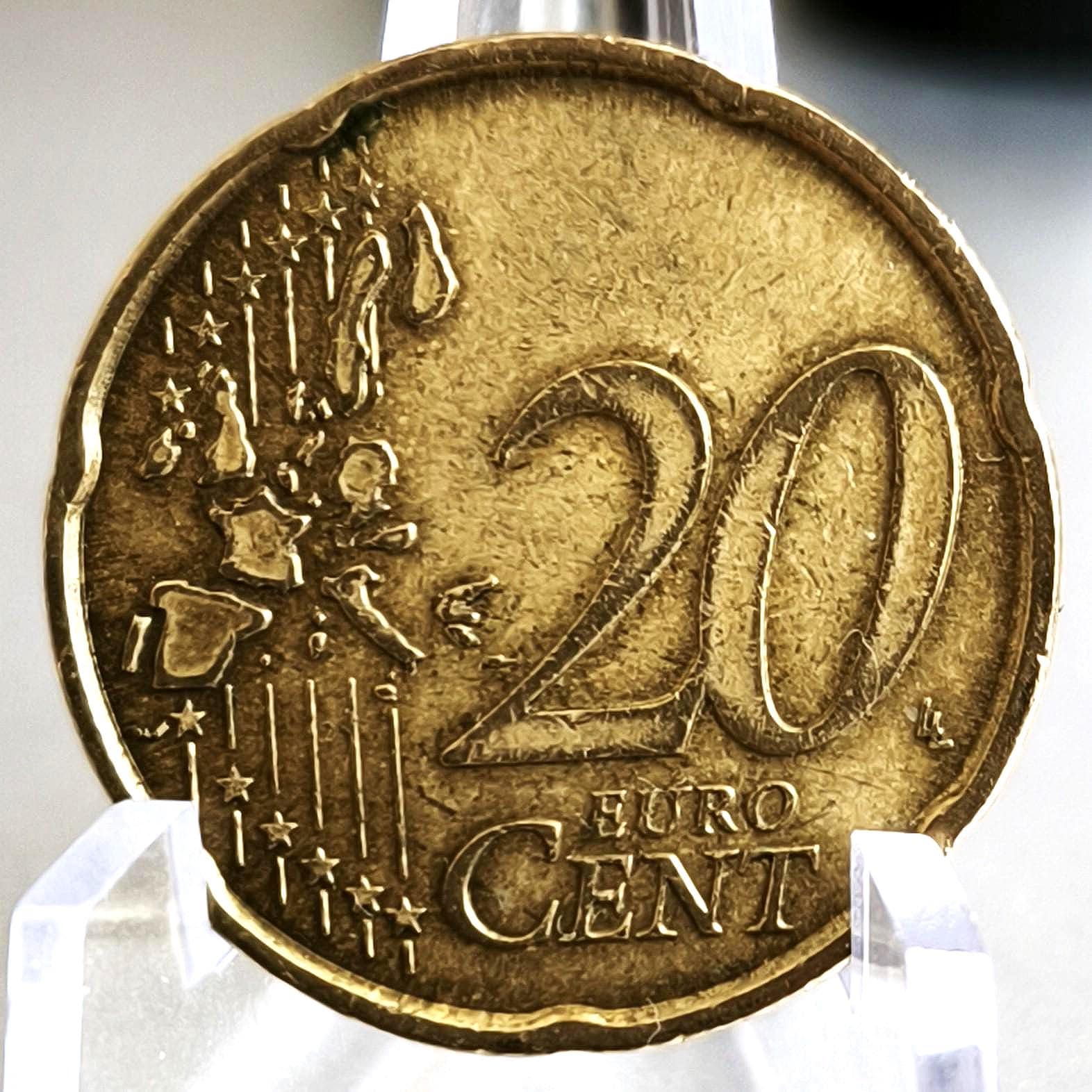 20セント イタリア 2002年 エラーコイン 強力なダブルリム、シフト