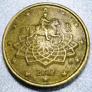 20セント イタリア 2002年 エラーコイン 強力なダブルリム、シフト