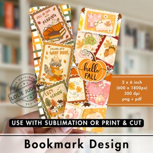 Può includere: Due segnalibri rettangolari verticali con un collage di illustrazioni a tema autunnale che includono zucche, libri, un procione e fogliame. Il testo recita Fall in Love with Reading, Falling into a Good Book, Cozy Season e Hello Fall.