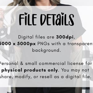 May include: A digital file information graphic with black text on a white background. The text reads: FILE DETAILS. Digital files are 300dpi, 5000 x 5000px PNGs with a transparent background. Personal & small commercial licence for physical products only.