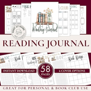 May include: A digital reading journal template set featuring 58 pages and 6 cover options. The pages include book review logs, a US reading challenge map, book bingo grids, and monthly trackers, all decorated with watercolor book and flower illustrations.