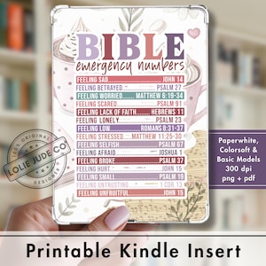 May include: A rectangular Kindle insert featuring the text BIBLE emergency numbers followed by a list of feelings and corresponding scripture references. The background displays watercolour illustrations of coffee mugs, musical notes, and leaves.