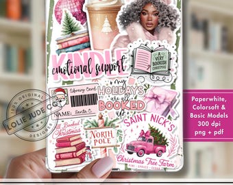 May include: A clear Kindle insert featuring a collage of Christmas-themed stickers including a pink truck, a stack of books, a Santa library card, a coffee cup, and a person in a winter hat. The text reads Kindle emotional support, My holidays are all booked up, and Saint Nick's Christmas Tree Farm.