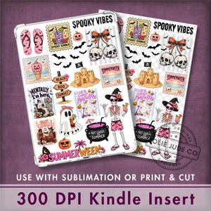 May include: A sticker sheet featuring a collection of summer-themed Halloween illustrations including skulls with bows, a ghost, a skeleton wearing sunglasses and a floral lei, a sandcastle, a cauldron, flip-flops, and text reading Spooky Vibes.