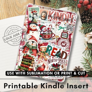 Può includere: Un inserto rettangolare per Kindle con sfondo a quadri rossi e bianchi coperto da adesivi a tema natalizio tra cui un pupazzo di neve, un pinguino, un omino di pan di zenzero, un riccio, un'oca e libri con il testo Kindle emotional support.