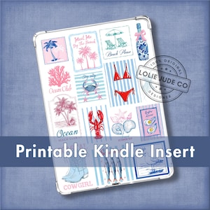 May include: A white Kindle insert with a beach theme, featuring illustrations of palm trees, a bikini, lobster, seashells, and the text "Printable Kindle Insert." The design includes the text "Ocean Club," "Meet Me By The Beach," and "Beach Please."