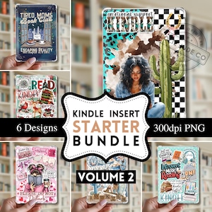 May include: A digital bundle of six Kindle insert designs featuring various illustrations including a city window, a cactus, a person reading, and text such as Tired Moms Book Club, Emotional Support Kindle, and Introvert Mode Reading.