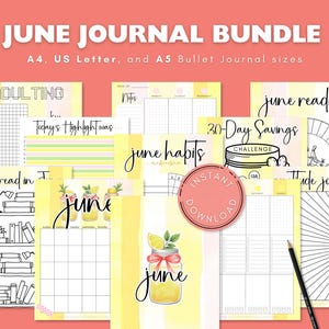 Paquete de diario de junio / Coquette Lemon / Páginas de Bullet Journal imprimibles / A todo color / Planificador de junio / Insertos BuJo - Tamaños carta, A4 y A5