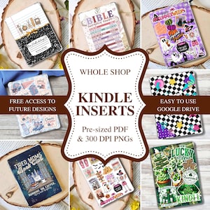 May include: A collection of digital Kindle inserts featuring various graphic designs including a composition notebook style, Bible verses, summer themes, sports motifs, checkered patterns, book club art, and St. Patrick's Day imagery in PDF and PNG formats.