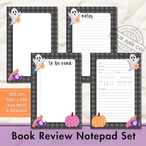 May include: A set of four digital notepad designs featuring a black and gray buffalo plaid border, white ghost illustrations, orange flowers, and colorful candies. The pages include blank, lined notes, a to-be-read list, and a book review template.
