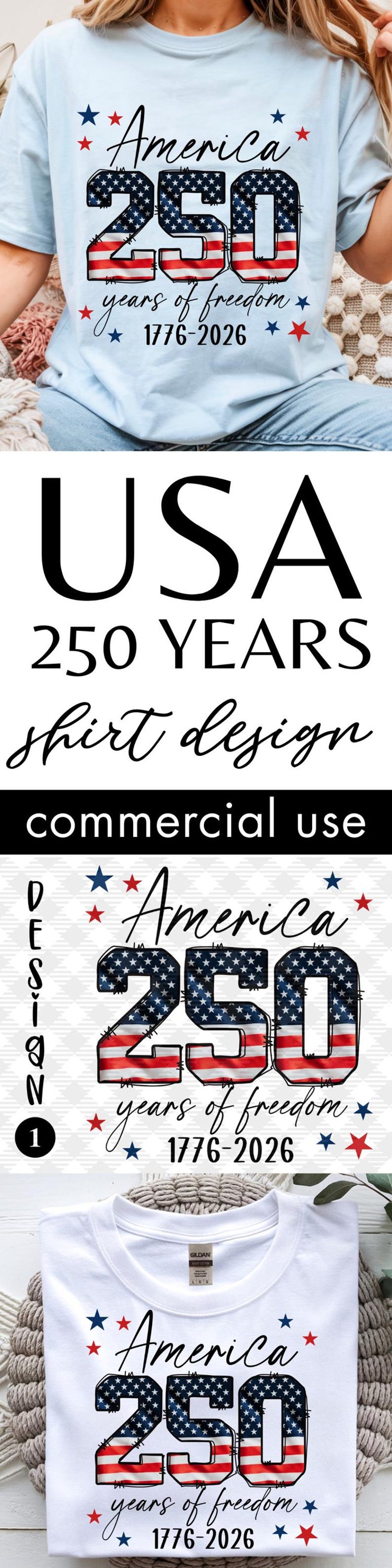 May include: A light blue t-shirt featuring the text America 250 years of freedom 1776-2026. The number 250 is filled with an American flag pattern. Small red and blue stars are scattered around the text, which is printed in black ink.