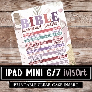 May include: An iPad Mini 6/7 insert with a list of Bible verses for various emotions. The design features a floral background and the words "BIBLE emergency numbers" in a decorative font. The insert is designed to fit inside a clear case.