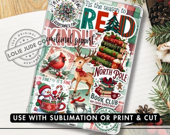 May include: A printable Kindle insert featuring a plaid background and various Christmas-themed stickers including a cardinal, a reindeer, a snowman in a mug, a stack of books, and text that reads Tis the season to READ, North Pole, and Book Club.