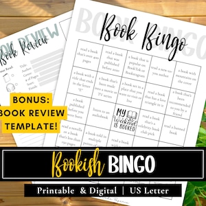 Bookish Bingo | PRINTABLE Reading Journal Page | Empty + Pre-filled | Bonus Book Review Template | Book Journal | Book Club Game