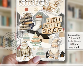 May include: A printable Kindle insert featuring a winter scene with a stack of books, a stocking, a reindeer on a sled, and two gnomes. The text reads KINDLE emotional support and LET IT SNOW. The design includes pine trees, snowflakes, and a cabin.