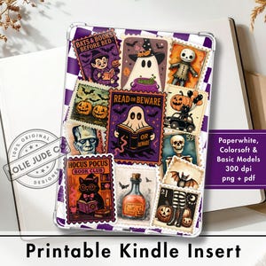 May include: A printable Kindle insert featuring a collage of Halloween-themed postage stamp designs. The illustrations include ghosts, a vampire, a skeleton, a black cat, pumpkins, bats, and a potion bottle, with text reading BATS & BOOKS BEFORE BED, READ OR BEWARE, and HOCUS POCUS BOOK CLUB.