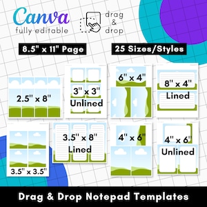 Puede incluir: Una colección de plantillas de bloc de notas de arrastrar y soltar de Canva con varios tamaños, incluidos 8.5" x 11", 2.5" x 8", 3" x 3", 6" x 4", 8" x 4", 3.5" x 8", 4" x 6" y 3.5" x 3.5". Los diseños muestran un cielo azul con nubes blancas y colinas verdes.