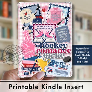 Kindle-inlegvel met hockeyromantiek, printbaar ontwerp in postzegelstijl, hockeyromantiek, meisjesachtig roze Kindle-inlegvel, romantisch boekclubcadeau-idee