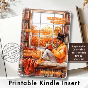 Black Girl Woman Reading Clear Case Kindle Insert  Autumn Bookish Decor  Fits: Paperwhite Colorsoft and Basic Kindle + Fire HD 8