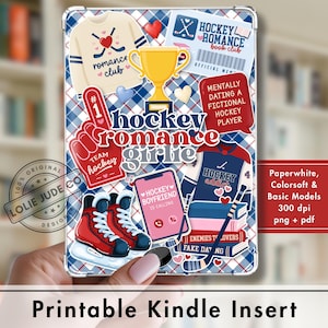 May include: A printable Kindle insert featuring a blue and white plaid background with hockey-themed stickers including a trophy, ice skates, a jersey, a foam finger, books, and text reading hockey romance girlie and mentally dating a fictional hockey player.