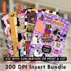 May include: A collection of rectangular sticker sheets featuring various Halloween and book-themed illustrations, including ghosts, skeletons, pumpkins, and text like "Happy Summerween" and "Hocus Pocus," with a "300 DPI Insert Bundle" label.