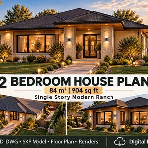 Könnte beinhalten: Ein eingeschossiger 2-Zimmer-Hausplan im modernen Ranch-Stil. Das Bild zeigt eine beigefarbene Steinfassade mit dunklen Dachziegeln, großen Fenstern und Gartenbeleuchtung. Der Text enthält 2 BEDROOM HOUSE PLAN, 84 m2 | 904 sq ft und INSTANT DOWNLOAD.