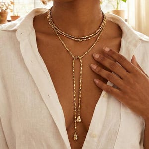 Collar de lazo dorado, collar largo en Y, collar de cadena en capas, joyería de boda, collar de fiesta, regalo de dama de honor, collar minimalista de oro