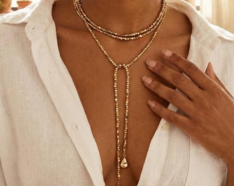 Collar de lazo dorado, collar largo en Y, collar de cadena en capas, joyería de boda, collar de fiesta, regalo de dama de honor, collar minimalista de oro