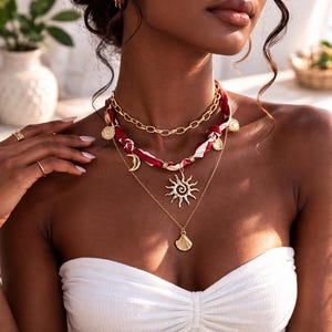 Boho sjaal ketting oceaan bedel sieraden, bandana ketting met zeester hanger, gelaagde choker, verjaardagscadeau voor haar afbeelding 2