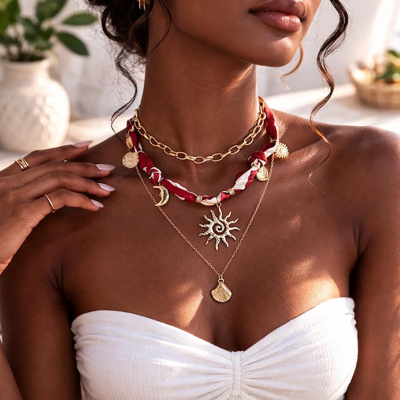 Boho sjaal ketting oceaan bedel sieraden, bandana ketting met zeester hanger, gelaagde choker, verjaardagscadeau voor haar afbeelding 2