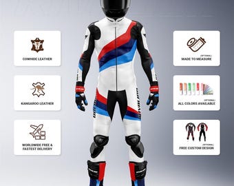 BMW White Leather Motorcycle Racing Suit, Cowhide or Kangaroo, Custom Fit