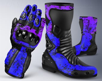 Guantes y botas de cuero morado y azul para motociclismo de competición, diseño personalizado, protección de seguridad.