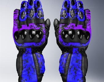 Guantes de cuero morado y azul para motociclismo de competición, ajuste personalizado, protección blindada.