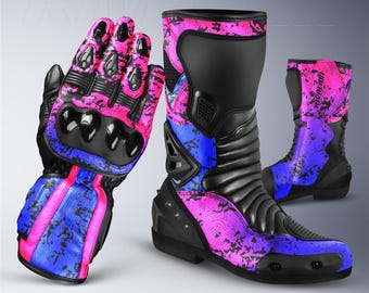 Guantes y botas de cuero rosa y azul para motociclismo de competición, diseño personalizado, protección de seguridad.