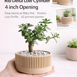May include: A beige 3D-printed planter pot with a ribbed design, holding a small green plant and gray pebbles. The pot has a 4-inch opening. The image also shows the text "Great Gift" and "Multiple Color Options."