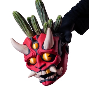 Oni Planter Pot With Jaw Drainage Tray | Japanese Demon Mask Succulent Cactus Pot | 3D Printed Anime Desk Decor Gift
