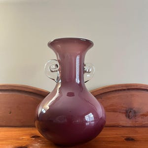 Elegant Vintage Plum Art Glass Vase with Clear Handles | Handcrafted Statement Piece | Preloved Sustainable Home Decor