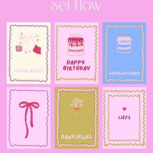 Op de afbeelding: Een set van zes wenskaarten met een roze achtergrond en de tekst "set flow" in een witte, golvende letter. Elke kaart heeft een uniek ontwerp en boodschap, waaronder een taart, een strik en de woorden "Happy Birthday".