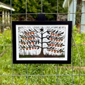 Satsuma Block Print – Hand Printed 4x6 Fruit Art – Watercolored Citrus Linocut – Orange Tree Wall Art – Southern Garden Print – 5x7 Framed
