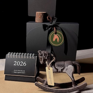 Ready-to-Gift Rocking Horse Set · Personalized Keepsake · Wooden Horse Ornament · 2026 Mini Calendar · Symbolic Gift Set with calendar