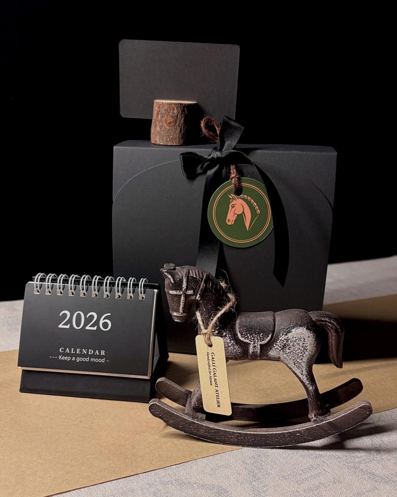 Ready-to-Gift Rocking Horse Set · Personalized Keepsake · Wooden Horse Ornament · 2026 Mini Calendar · Symbolic Gift Set with calendar