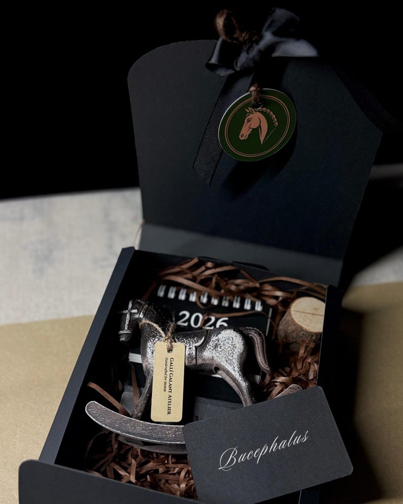 Ready-to-Gift Rocking Horse Set · Personalized Keepsake · Wooden Horse Ornament · 2026 Mini Calendar · Symbolic Good Luck Gift