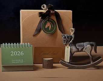 Ready-to-Gift Desk Set • Wooden Rocking Horse Ornament • Symbolic “New Chapter” Keepsake Box