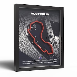 3D-geprinte poster Formule 1 racebaan Australië · Muurkunst Grand Prix van Melbourne · Cadeau F1 Circuit voor racefans · Muurdecoratie Formule 1