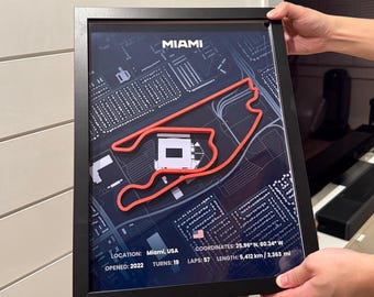 May include: Framed print of the Miami race track, with a red track outline on a dark blue background. The print includes the track's location, coordinates, and other details. The frame is black.