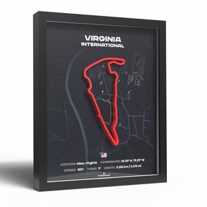 May include: Framed print of the Virginia International Raceway. The track layout is highlighted in red against a dark grey background. The print includes the text "VIRGINIA INTERNATIONAL", location, coordinates, and track details. The frame is black.