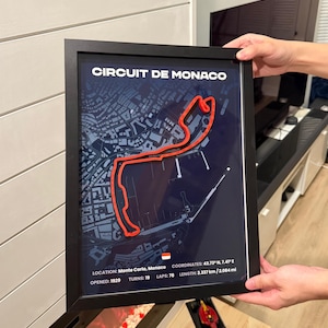 May include: Framed print of the Circuit de Monaco race track. The track layout is highlighted in red against a dark blue background. Text at the top reads "CIRCUIT DE MONACO". Additional text provides location, coordinates, and track details.
