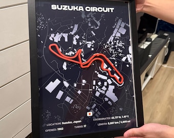 Póster 3D del circuito de Suzuka de Fórmula 1 · Arte mural de F1 · Regalo de carreras de Fórmula 1 hecho a mano · Mapa de Fórmula 1 · Arte decorativo de deportes de motor de F1